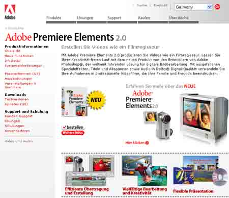 Die Website von Adobe zu Premiere Elements 2